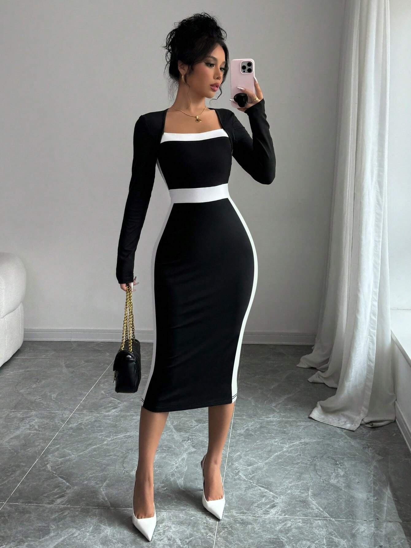 Fashionable elegant long-sleeve, dress, European style, slim fit, square neckline, hip-accented