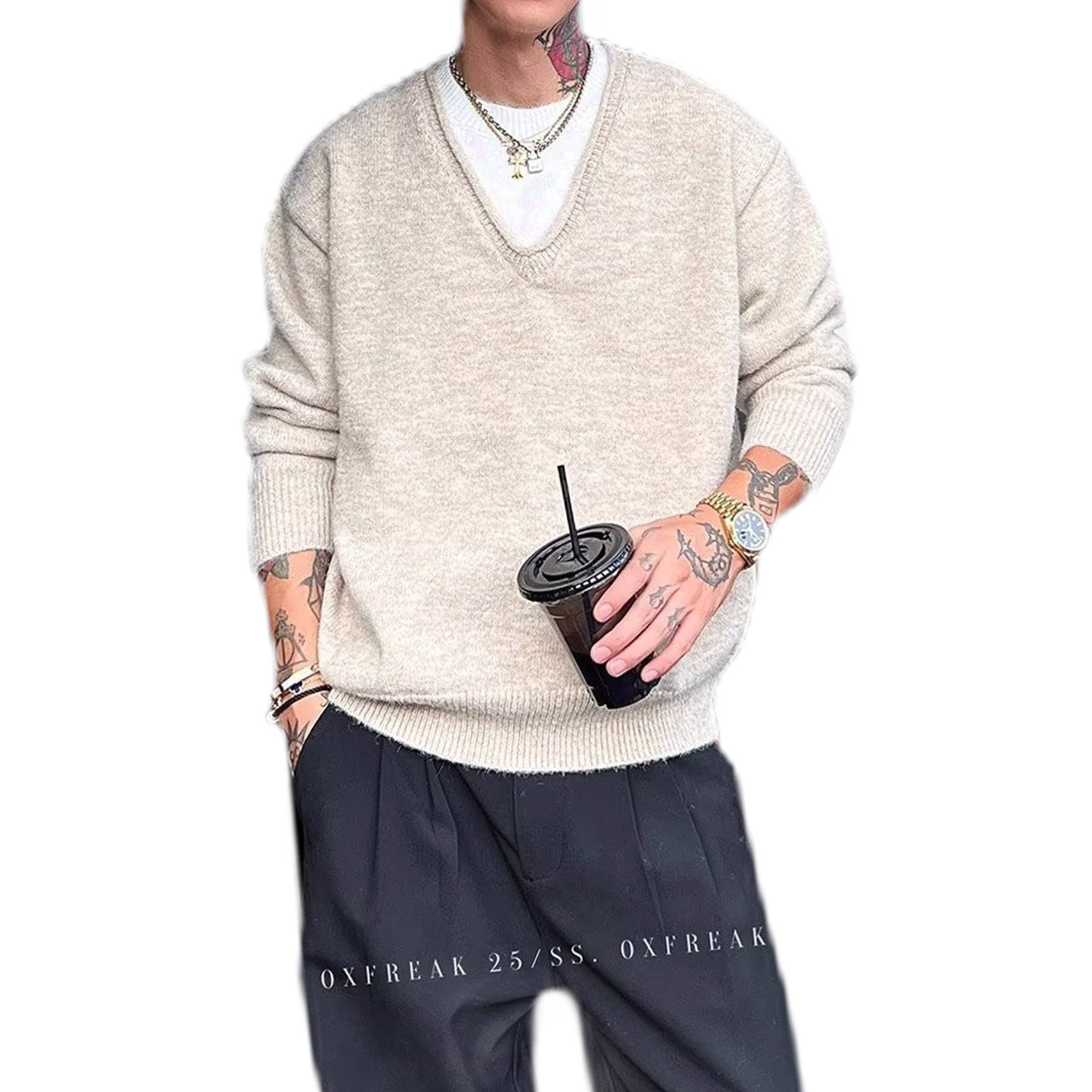 Explosiones transfronterizas de tamaño grande europeo falso dos piezas de cuello en V coreano jersey suéter masculino empalmado otoño y invierno fábrica de marea al por mayor