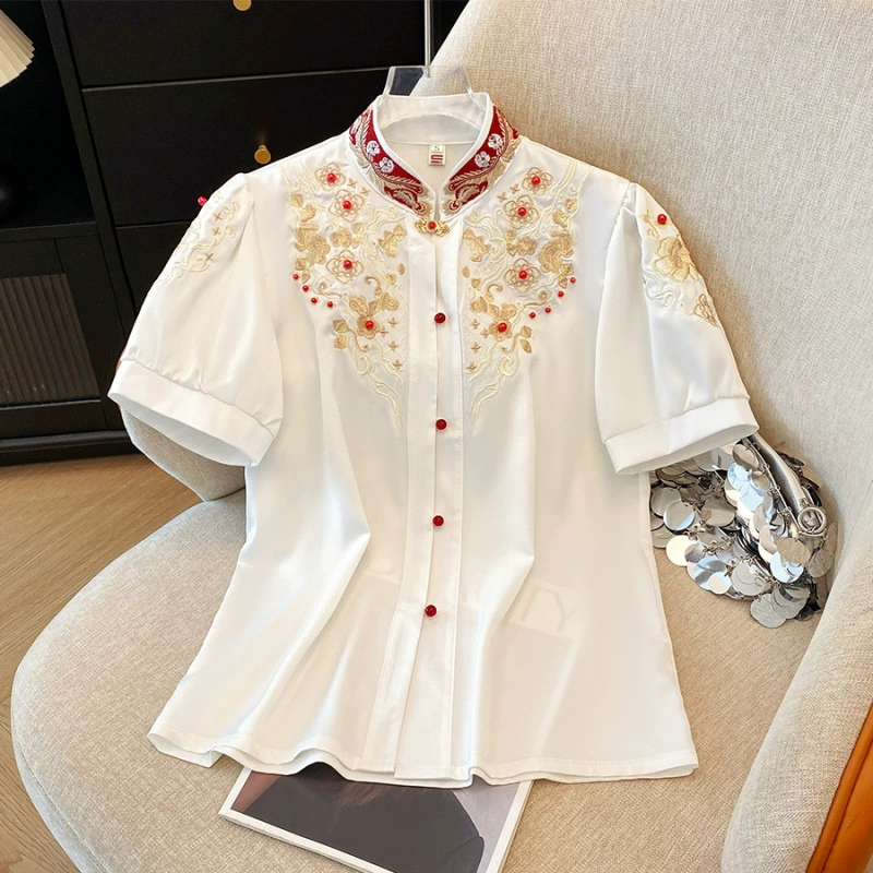 Летняя ретро рубашка, китайский стиль, с вышивкой
