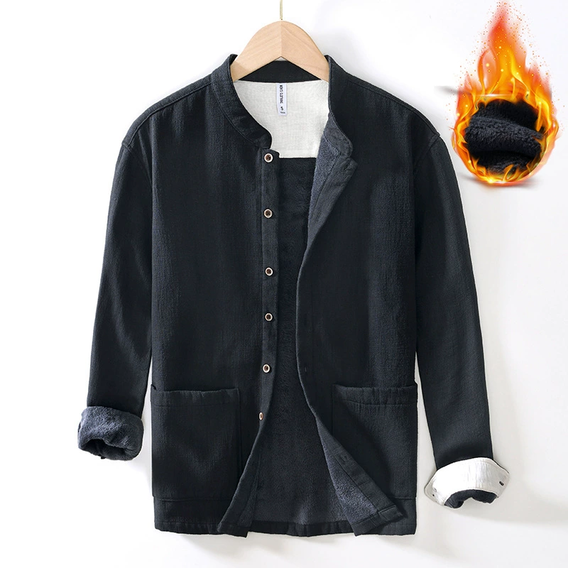 Флисовая Куртка L089, Мужская зимняя новая утепленная рубашка из хлопка и льна с воротником в китайском стиле, Свободная Повседневная рубашка в стиле ретро в национальном стиле