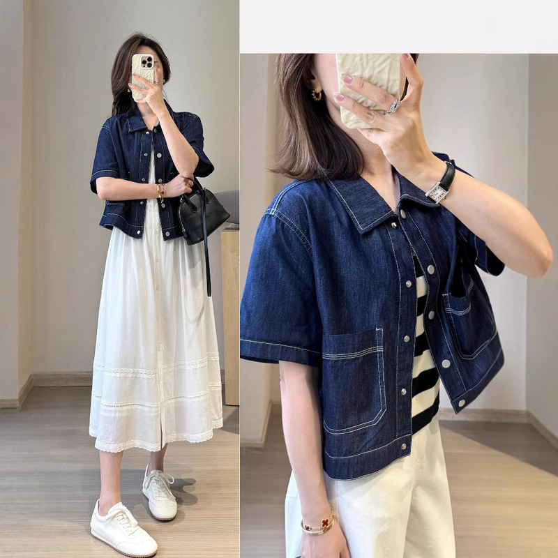 Spring and Summer Thin Denim Short Jacket [Anti-Fading] Dark Blue Casual Short-Sleeved Denim Shirt