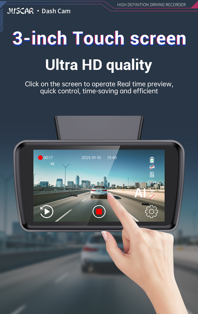 Driving Recorder with Wifi Connectivity, Dual Recording of Front and Rear Vehicles, 24-Hour Parking Monitoring, Night Vision, Reversing Images