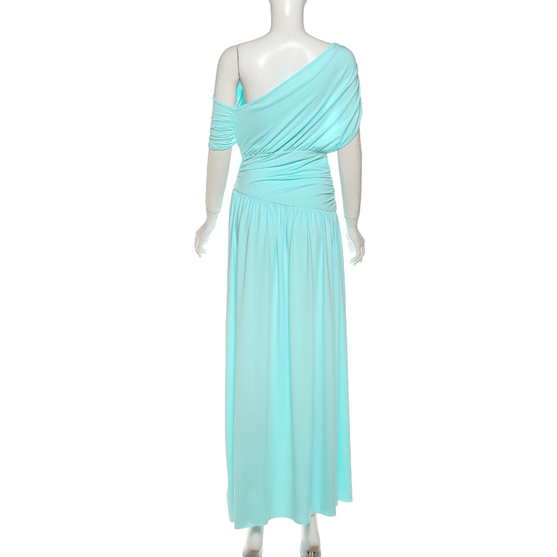 Summer New Women's Elegant Asymmetrical Neck Off-Shoulder Long Dress European And American Style Cross Border Solid Color Waist_ecoleips.com