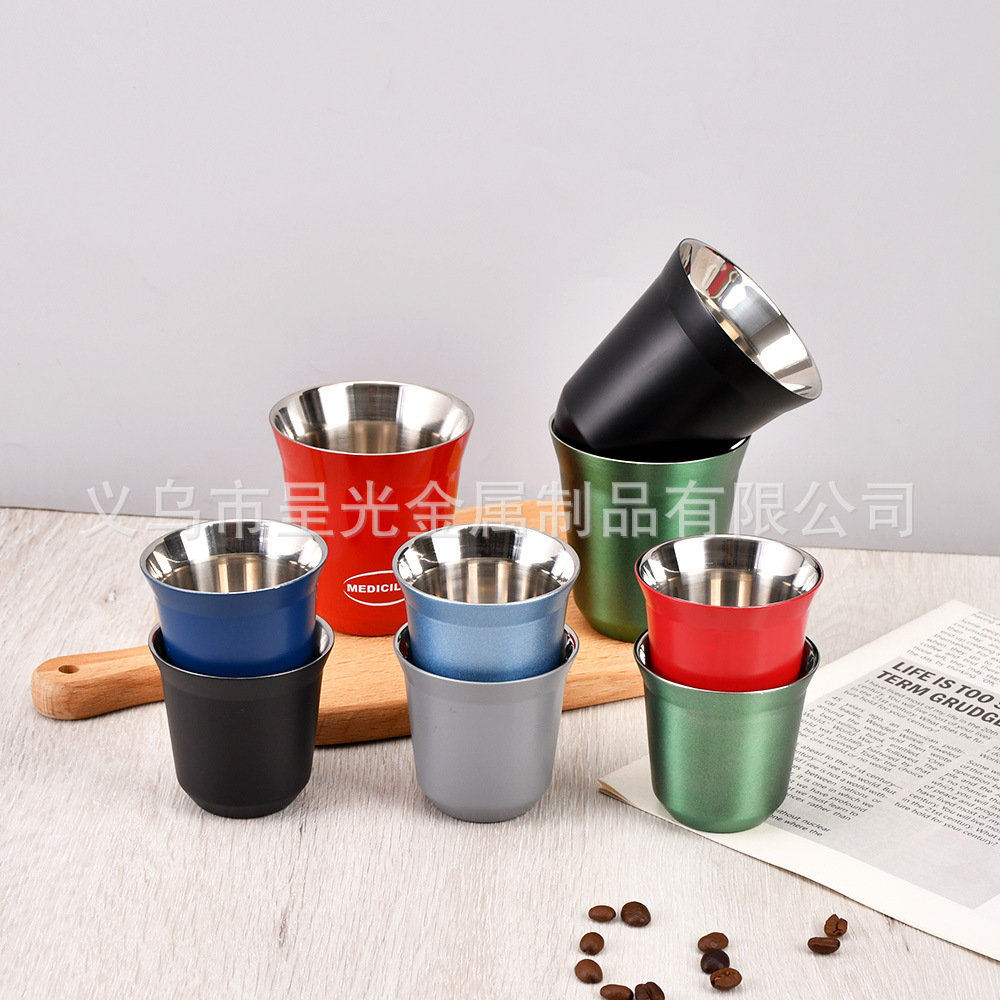 Cross-Border 304 Stainless Steel Small Capacity Mini Coffee Cup Double-Layer Anti-Scald Milk Cup Stainless Steel Small Wine Cup Gift