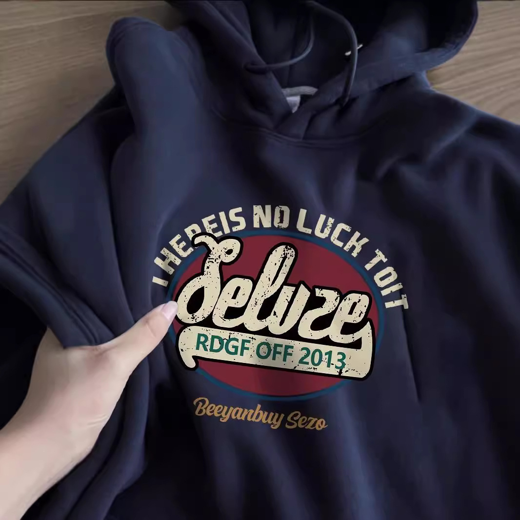 Fashion Early Autumn Winter Thin Navy Blue Hooded Sweatshirt For Women With Printed Letters Loose Casual Pullover Top_voghion.com