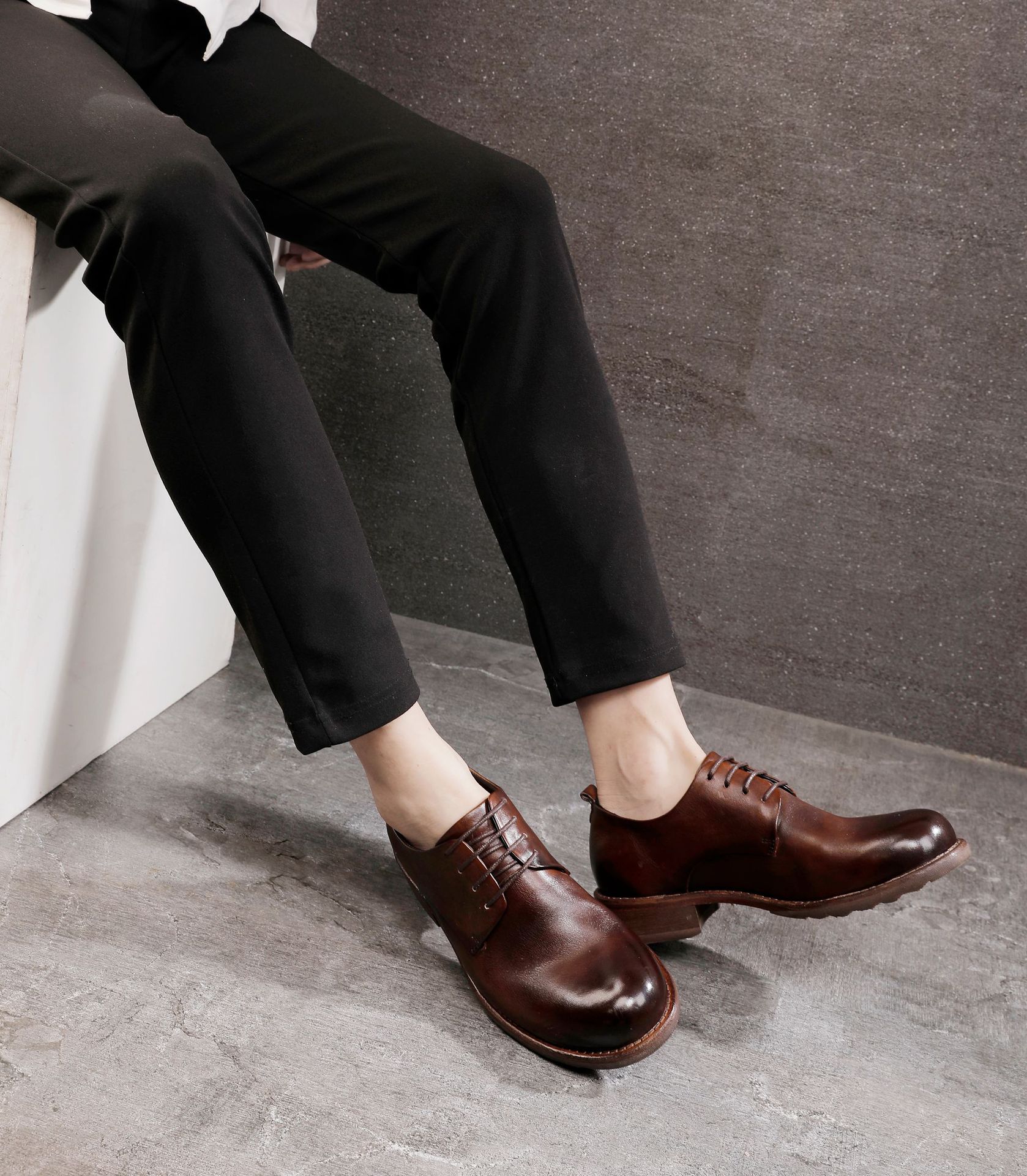 Chaussures en cuir à lacets pour hommes, semelle extérieure en cuir, tête ronde, décontractées, couche de tête, cuir de vache, couleur unie_voghion.com