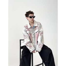 美式新款复古潮牌洗水直喷马骝白色牛仔衣男宽松百搭情侣夹克外套