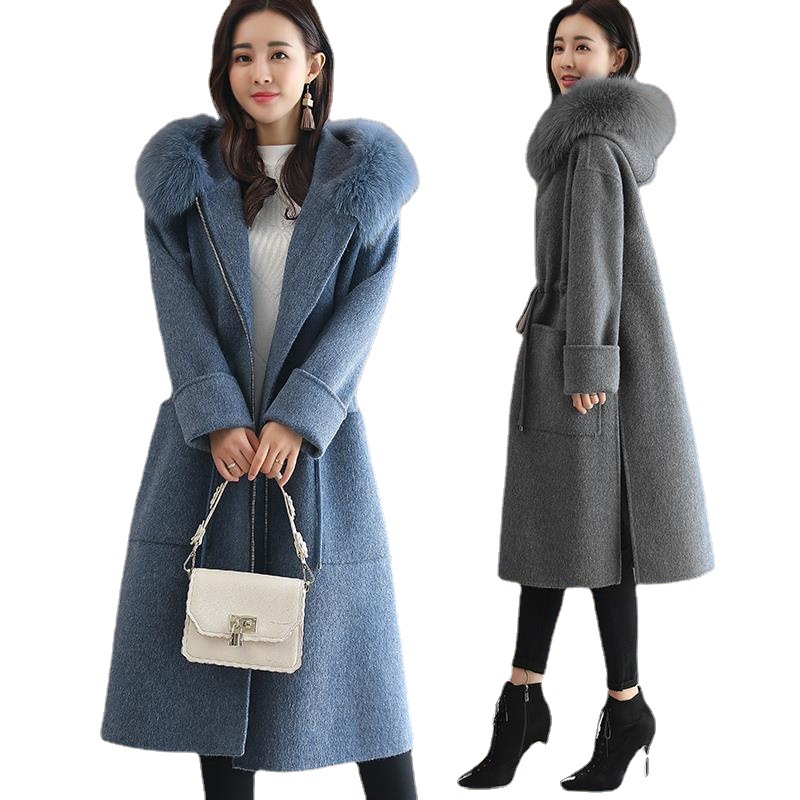 Women's padded woolen women's coat long fur collar coat_voghion.com