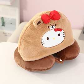 变身棕色kt猫U枕帽子毛绒玩具布艺家居