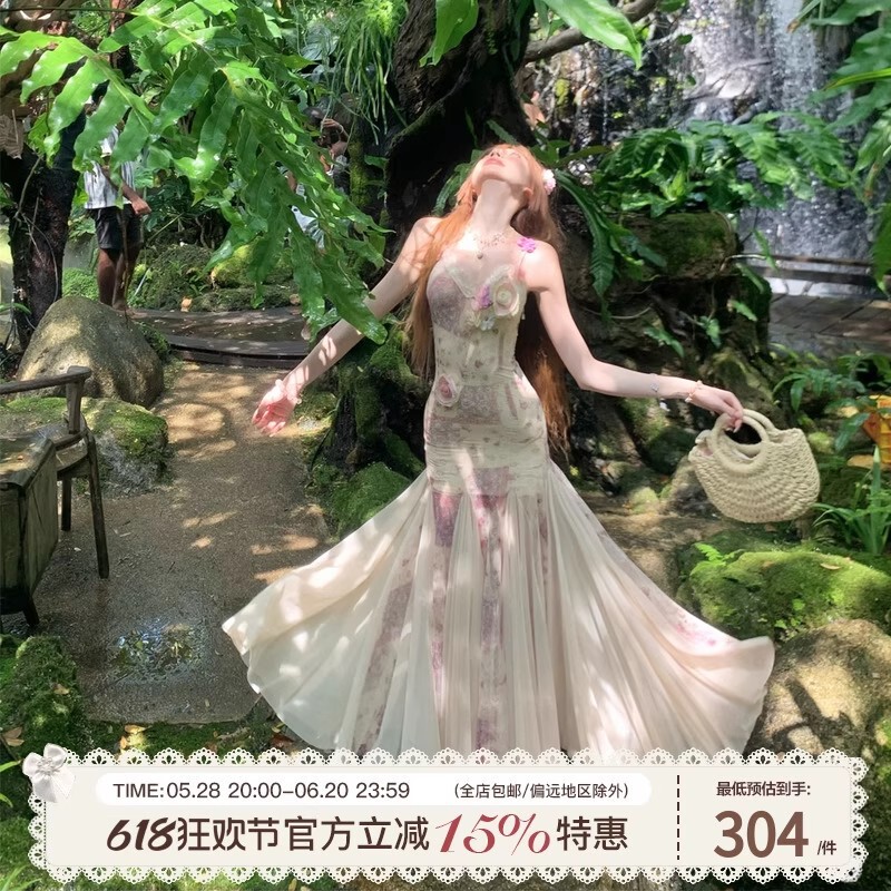 SISI JIAN「花咲くハーフサマー」フレンチロマンティックフラワースリムフィットフィッシュテールサスペンダーロングスカート|undefined
