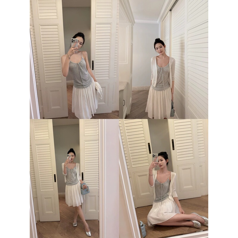 5 Summer Lightweight Set: Silk Lyocell Cardigan/Acetate Linen Umbrella Skirt/Strap Top