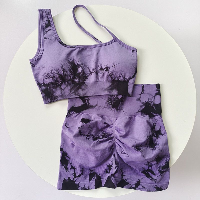 Cintura alta, cadera, melocotón, traje de teñido anudado deportivo, traje de yoga de hombro inclinado a prueba de golpes para mujer