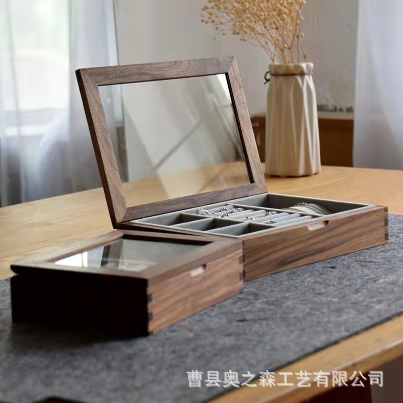 简约黑胡桃透明盖首饰分格收纳盒实木耳环陈列收纳盒手链盒手表盒