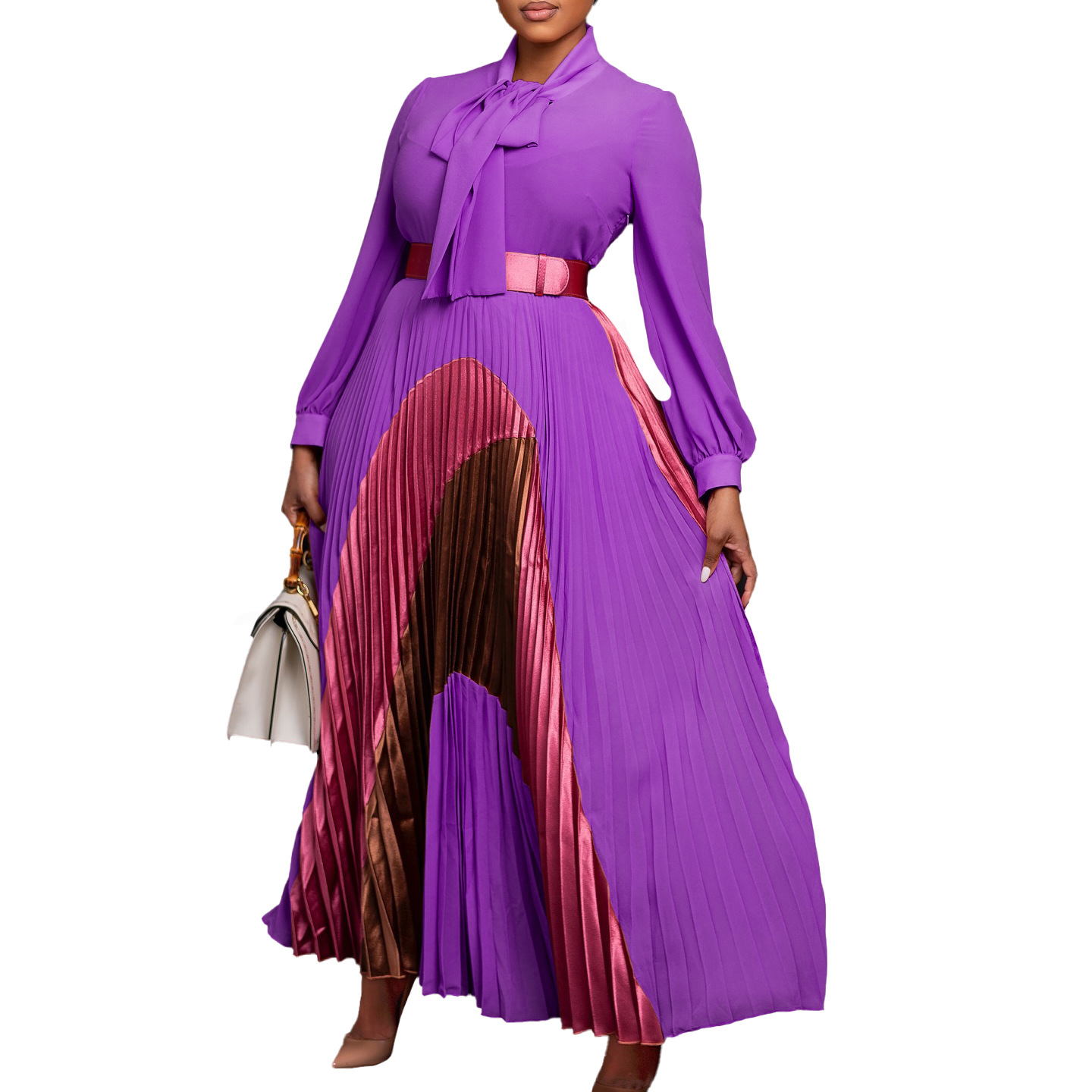 Belt Design Elegant Style Wholesale Women's Elegant Belt Color Block Cocktail Party Shirt Collar Long Sleeve Sheath Dress