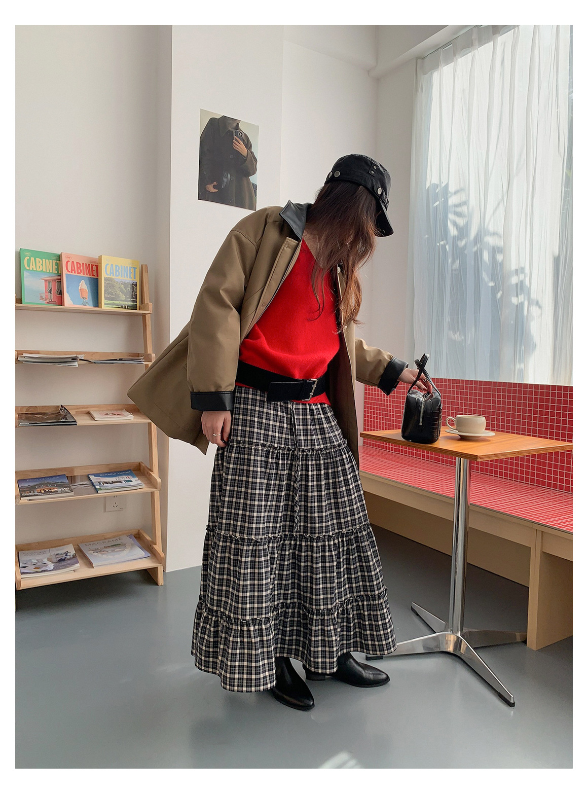 GraceChic GraceChic GraceChic Inbyin Gonna midi a quadri arricciati in stile coreano per donna, lunga vita elastica, che copre i fianchi, snellente_voghion.com