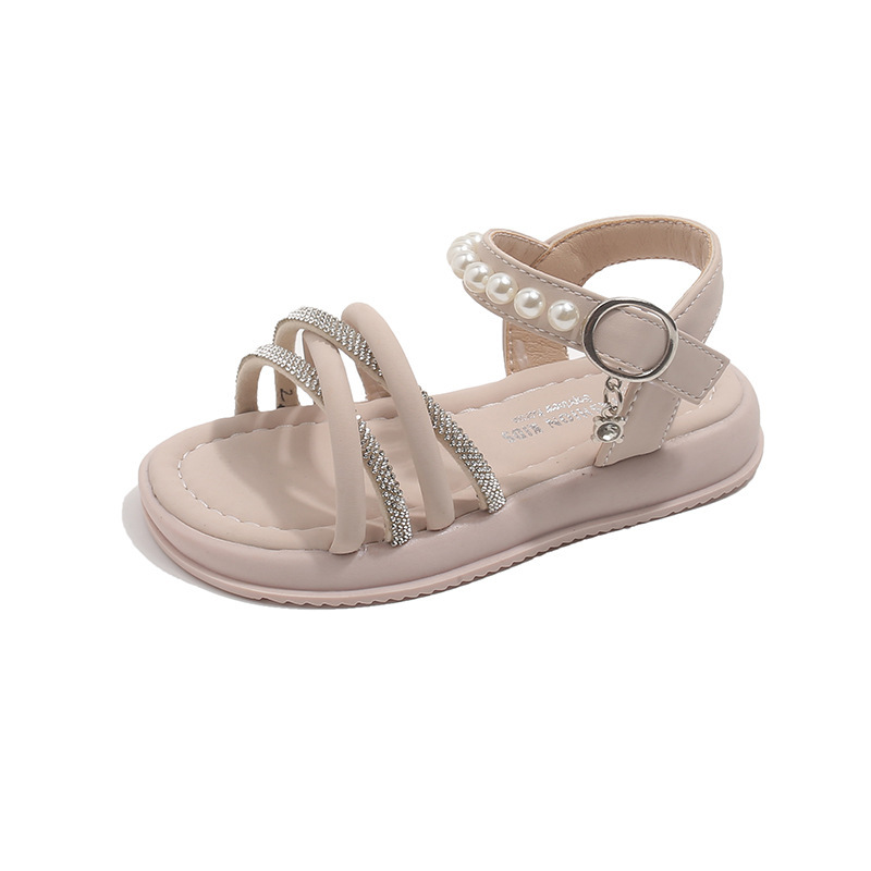 Sandali da bambina con perle e strass, nuovo stile estivo, suola morbida, scarpe romane a punta aperta da principessa per bambine._voghion.com