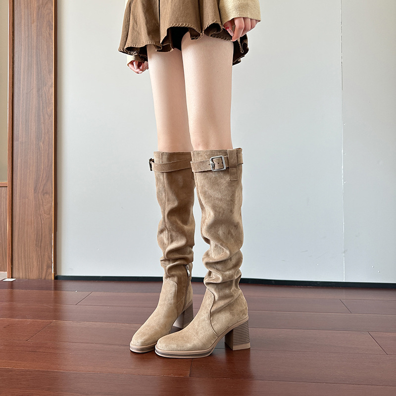 2026 New Autumn and Winter Women's Slouchy Boots with V-Cut, Slimming Effect, Round Toe, Chunky High Heel, Long Boots, Knee-High Boots for Women 2026 New Autumn and Winter Women's Slouchy Boots with V-Cut, Slimming Effect, Round Toe, Chunky High Heel, Long Boots, Knee-High Boots for Women