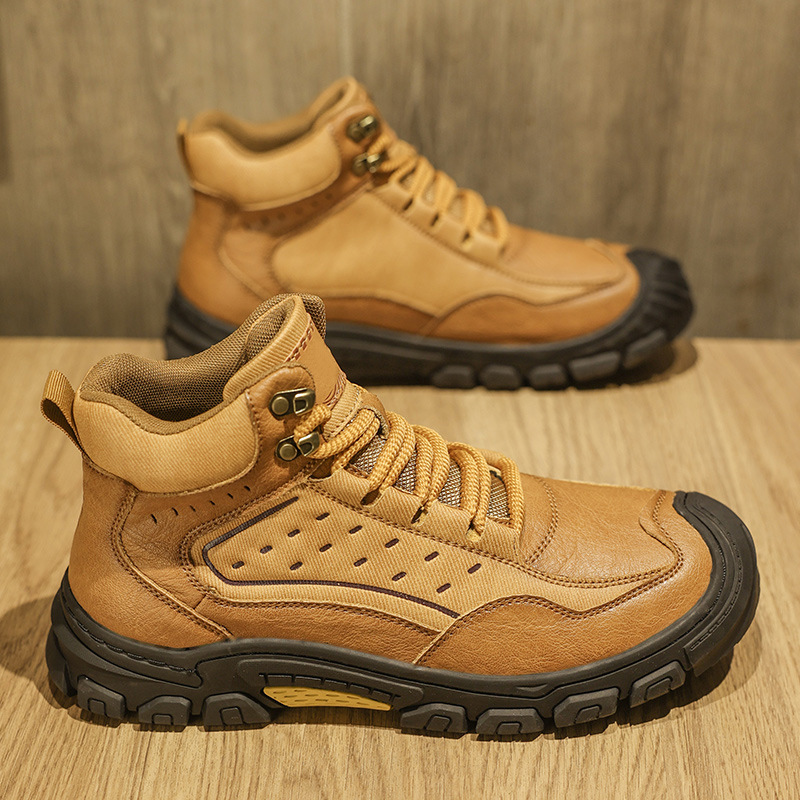 Zapatos de cuero transfronterizos para hombres zapatos de montaña para hombres zapatos de senderismo al aire libre antideslizantes suela gruesa anti-desgaste lazos de cabeza de bolsa zapatos casuales