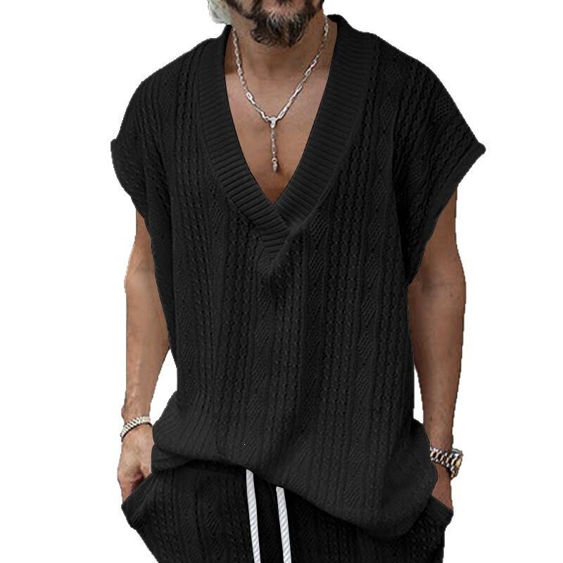 Amazon Cross-Border Summer Sleeveless Vest for Men New Oversized European and American Casual V-Neck Loose Jacquard T-Shirt Amazon Cross-Border Summer Sleeveless Vest for Men New Oversized European and American Casual V-Neck Loose Jacquard T-Shirt
