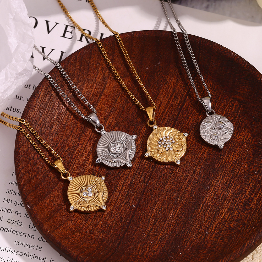 Zircon Inlaid Tarot Stainless Steel Pendant Necklace