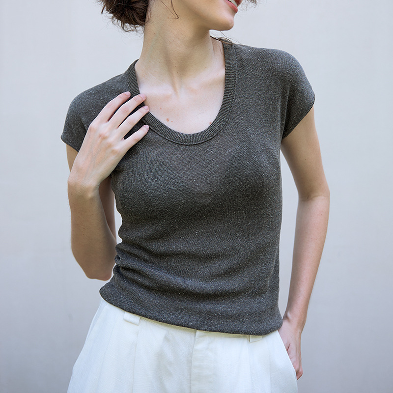 Old Money Style Lyocell Linen Knit T-Shirt with High-End Texture, Stretchy Slim-Fit Top for Women, Summer European and American Cotton-Linen Short Sleeve