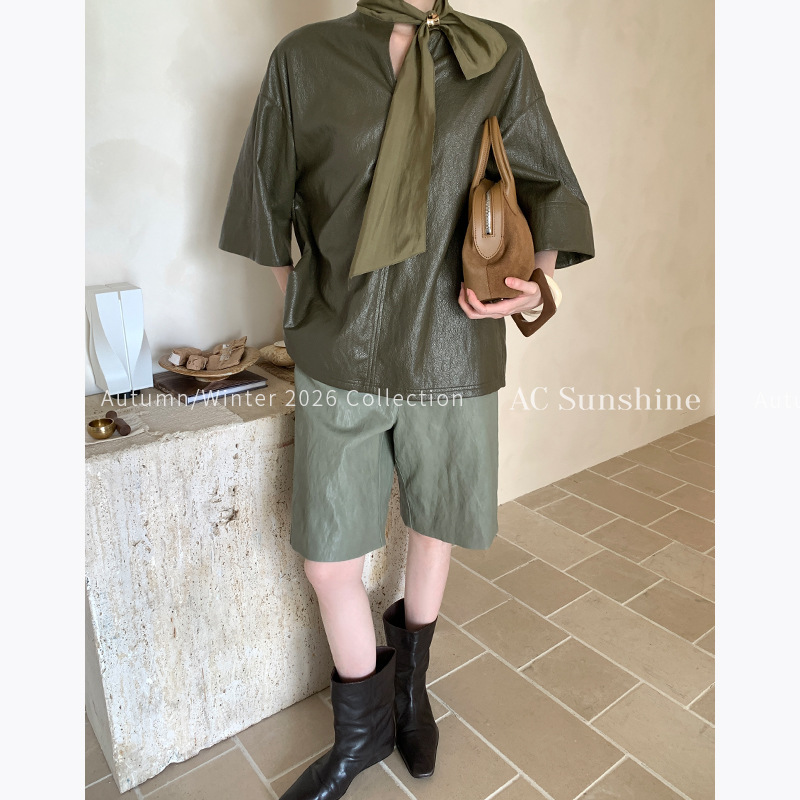 AC SUNSHINE retro relaxed style PU protein leather soft casual commuting straight-leg women's leather shorts 8685