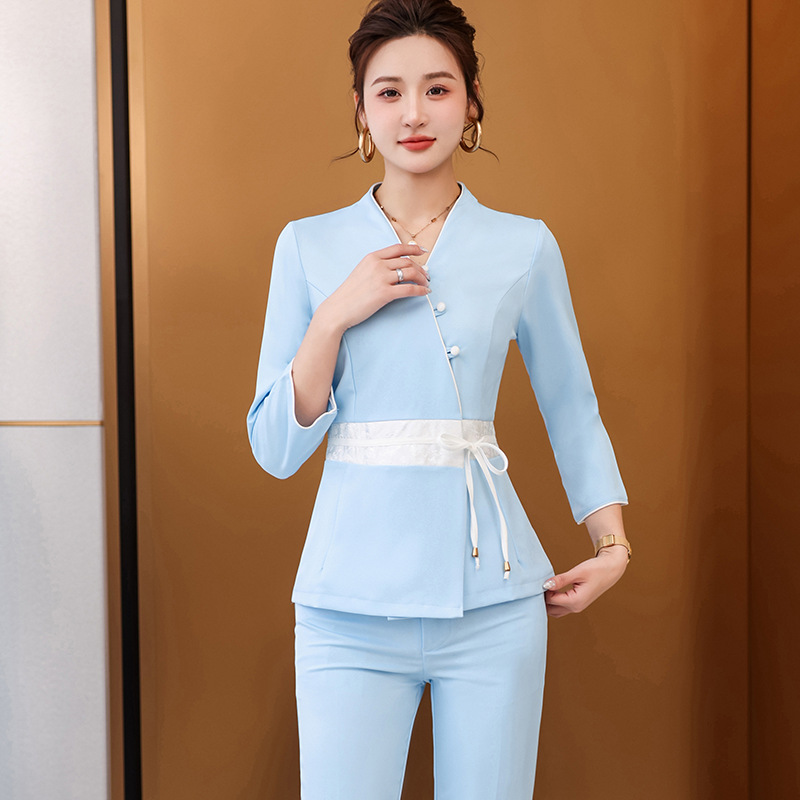 美容师时尚工作服养生馆艾香针灸医师开衫中国风天蓝色中袖套装