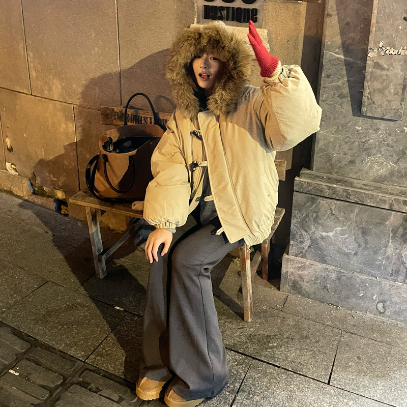 Retro americano cuello con capuchón abrigo de algodón de mujer invierno 2025 nuevo botón de cuerno de buey grueso abrigo de algodón cálido image 3