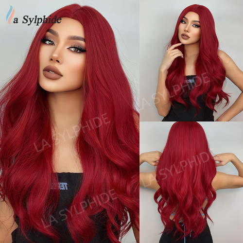 Navy Red Middle Part Long Wavy Synthetic Fiber Hair Wig for Women - European and American Style, Amazon New Arrival, Costume Wig