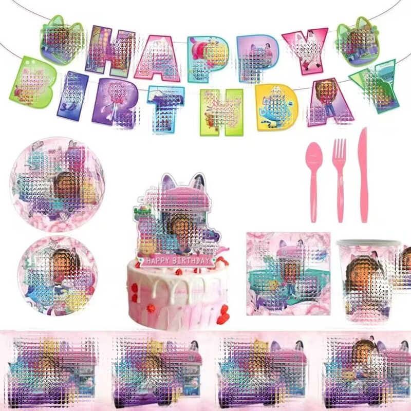 Pink Cover Birthday Party Decoration Supplies Plates, Napkins, Hanging Decorations, Cups, Knives, Forks, Spoons