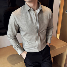 条纹加厚毛呢长袖衬衣2024秋季男士批发修身百搭拉链设计纯色衬衫