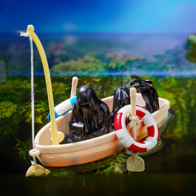 Decoración de paisajismo interesante, acuario, agua, anillo de natación, pesca, barco de pesca, modelo de paisajismo de acuario, barco de plástico flotante