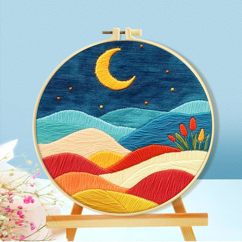 Mona Lisa bordado real bordado de cruz paisaje sol y luna nueva simulación de estilo nacional bordado decoración bordado a mano