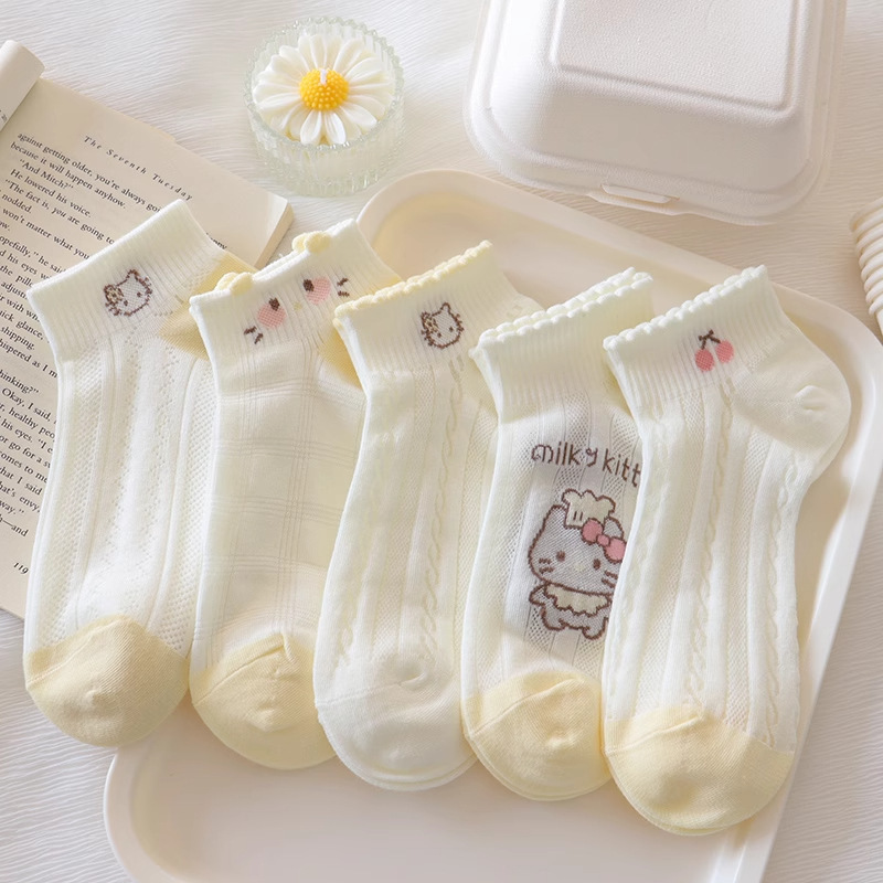Girls' Lightweight Socks Kt Kitten Socks Cotton Socks Breathable Summer Hollow-out Cute Girl's All-match Shallow-top Boat Socks
