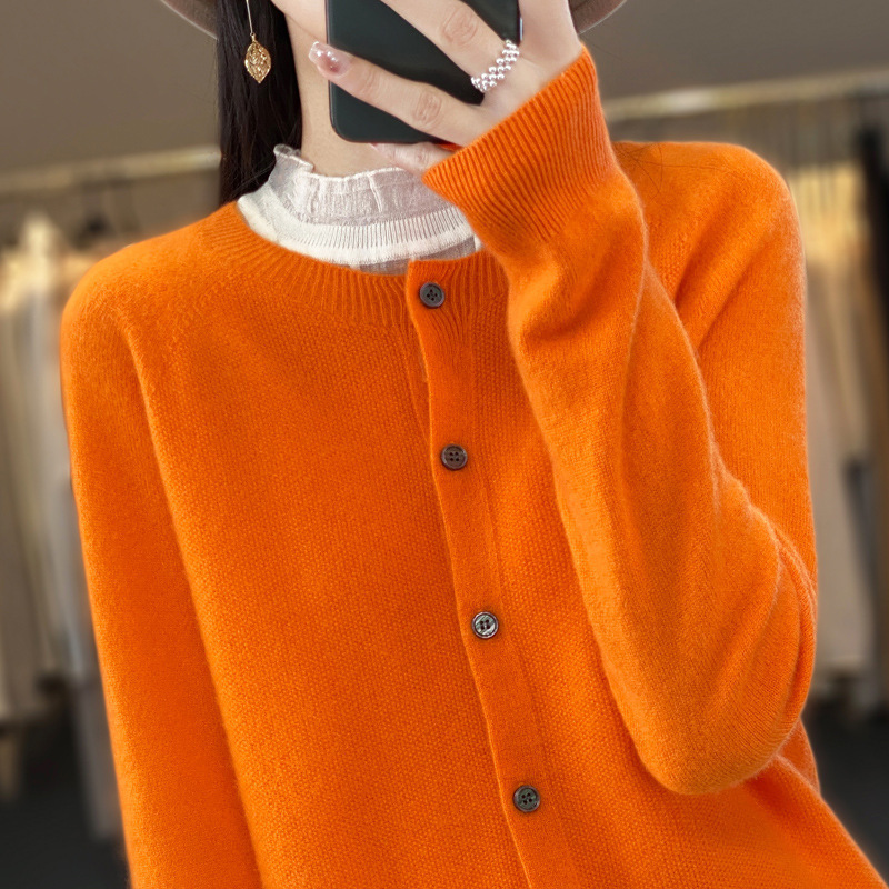 秋装新商品100% 純ウールカーディガン女性セーターコート一線成衣ゆるい長袖ニット上着薄い|undefined