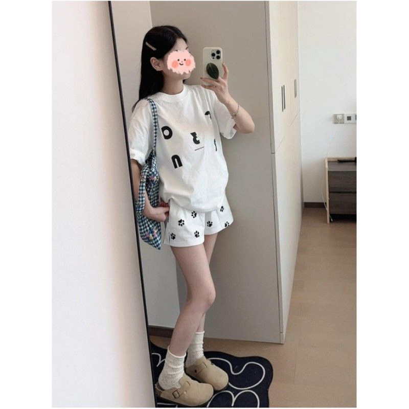 美式狗脚印花运动短裤女夏季薄款宽松休闲外穿百搭短款阔腿热裤子