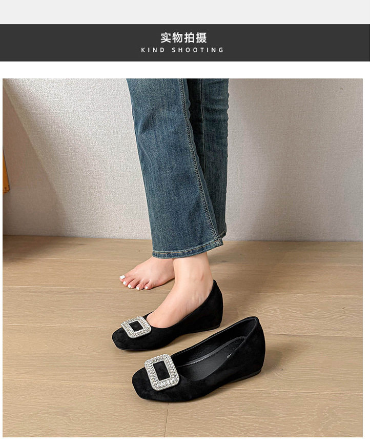 Giày búp bê nữ mũi vuông đính đá, da lộn, đế mềm độn trong, gót xuồng thấp — Màu kaki, Màu nâu, màu đen chi tiết 15