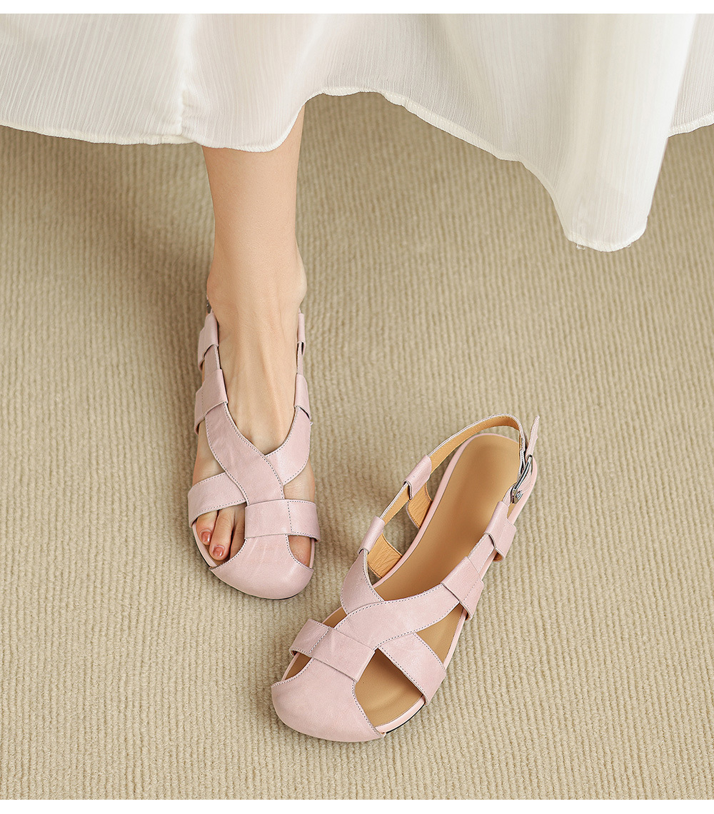 Sandal nữ bệt bọc mũi da bò đan vintage phong cách La Mã — Gạch đỏ chi tiết 6