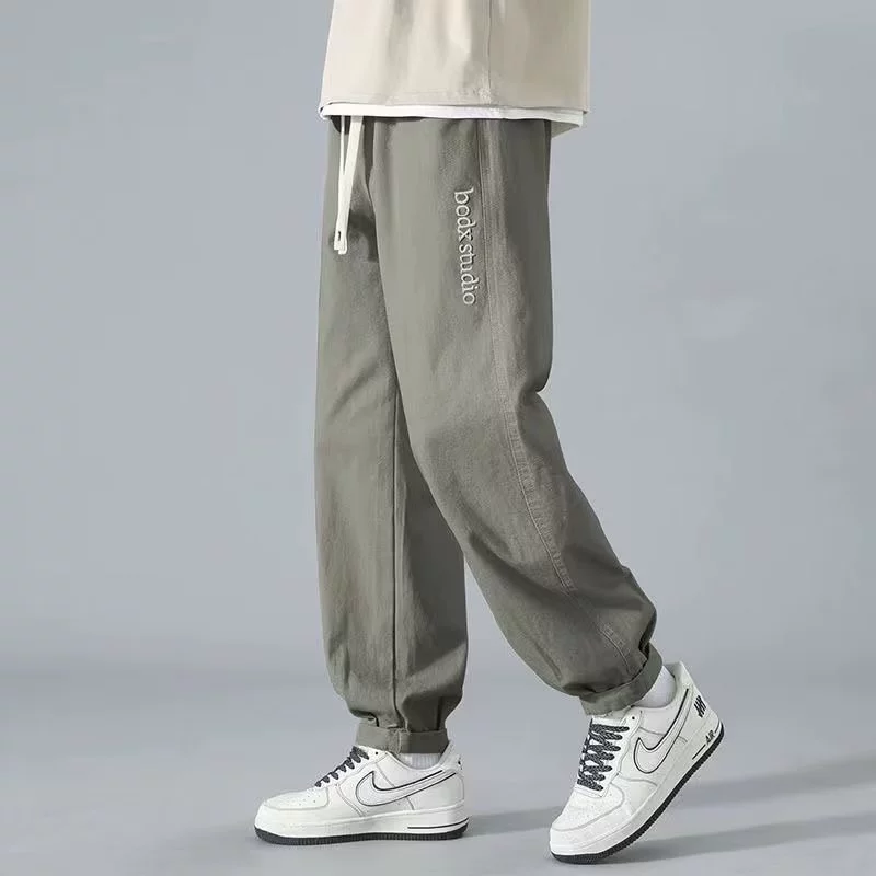Japanese khaki autumn demi-season casual trousers for leisure, loose straight fit, American style, with embroidery