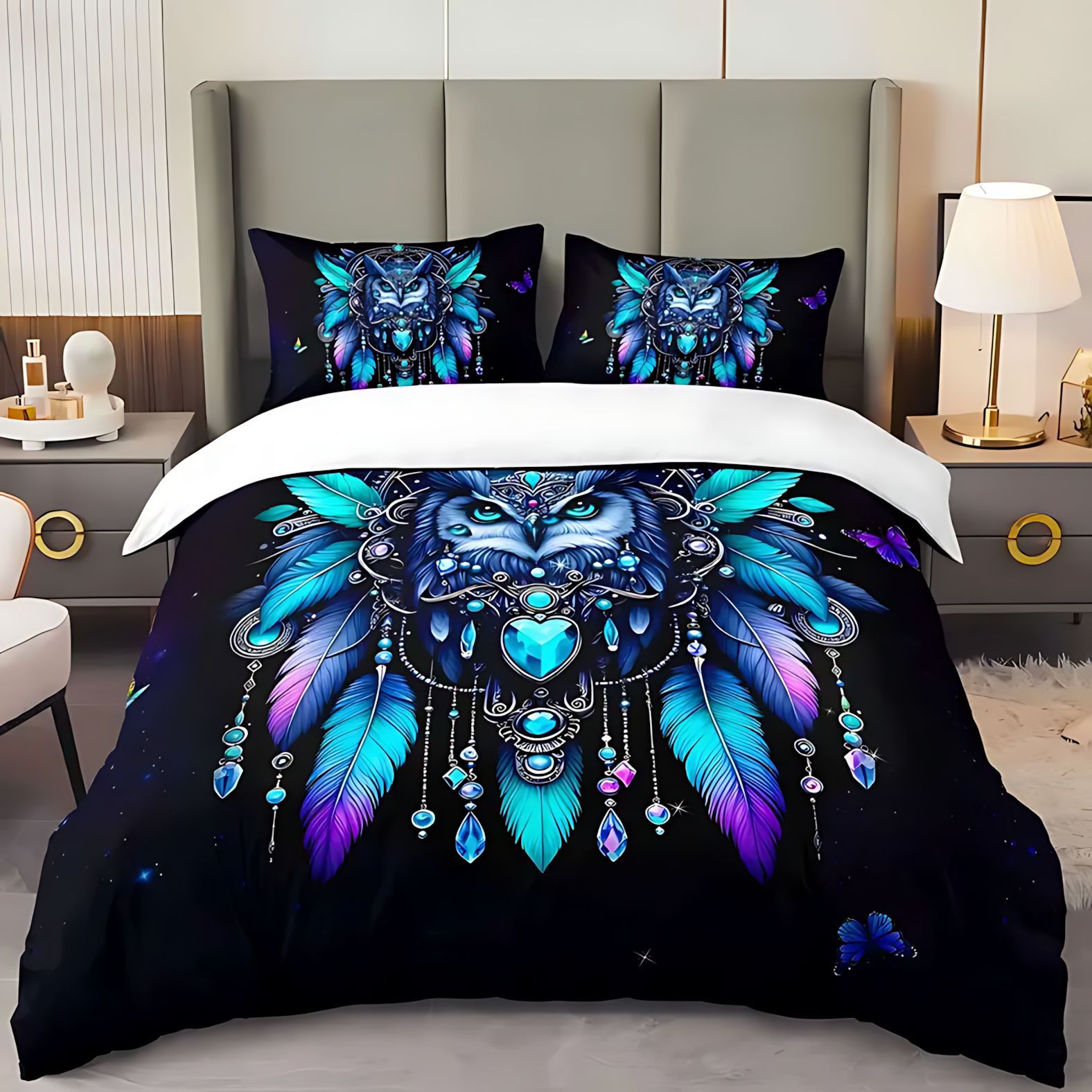 TEMU / JIT Owl Dreamcatcher 3D transfronterizo impresión digital suave set de edredón para diseñar