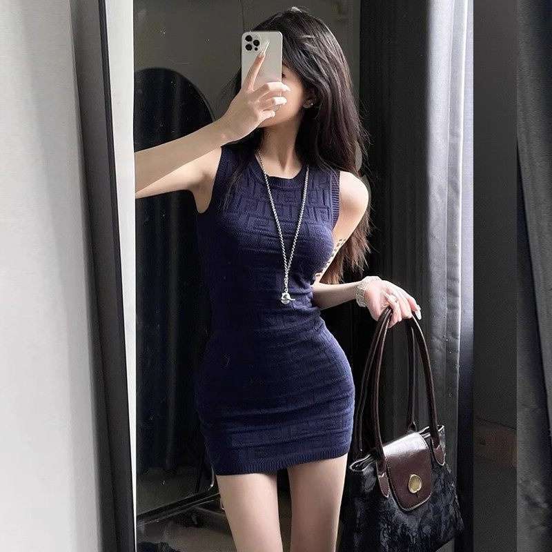 Korean-Style Balmain High-End Ice Silk Knit Dress, European and American Sweet and Spicy Style, Petite Bodycon Ol Tank Dress