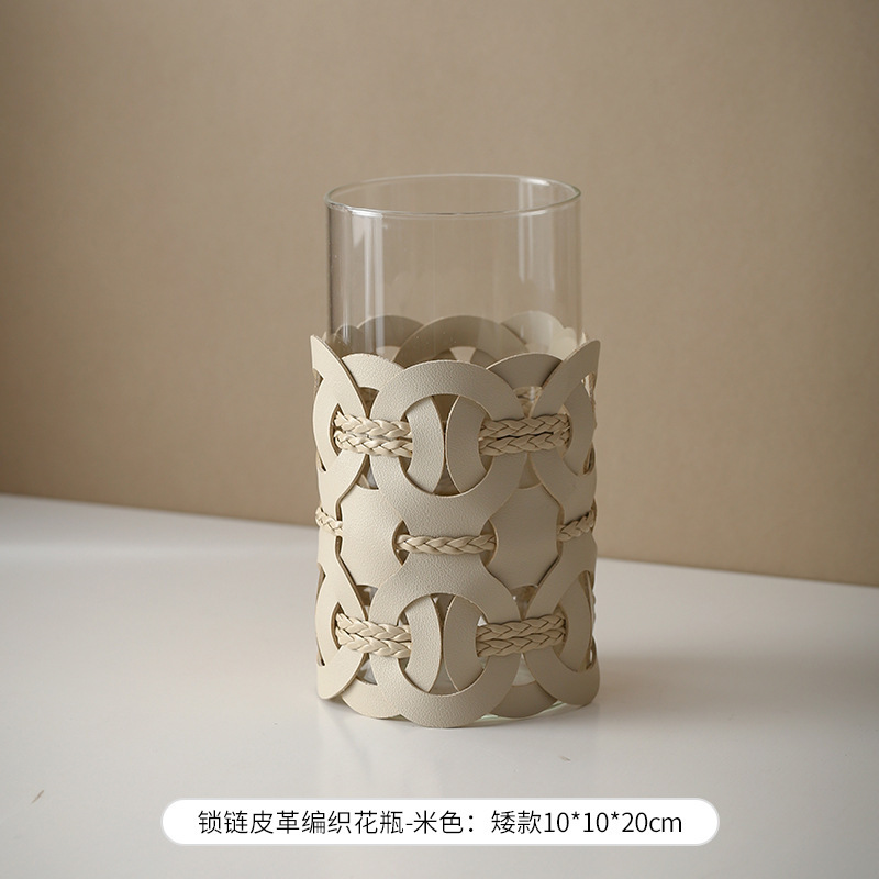 现代轻奢样板间侘寂风皮革编织花瓶售楼处前台软装饰花插花器摆件|undefined