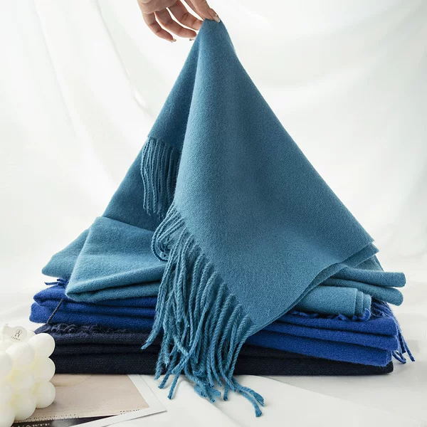 Blue Scarf for Women with an Atmospheric Feel, Versatile for Winter, Solid Color Long Faux Cashmere Tassel Shawl Scarf, Elegant