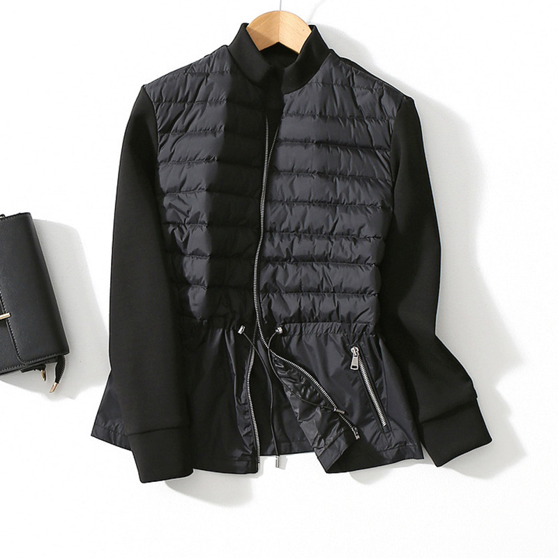 High-End European Autumn and Winter New Classic Black and White Stand-Up Collar Waist Lightweight Knitted down Splicing Jacket for Women High-End European Autumn and Winter New Classic Black and White Stand-Up Collar Waist Lightweight Knitted down Splicing Jacket for Women