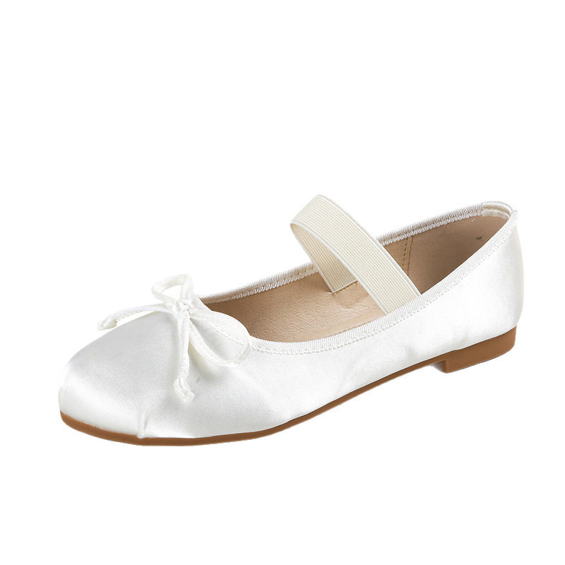 Giày búp bê Mary Jane nữ bằng lụa satin thắt nơ, kiểu giày ba lê Pháp, gót thấp — Hồng lụa, Lụa trắng, Lụa đen, lụa xanh
