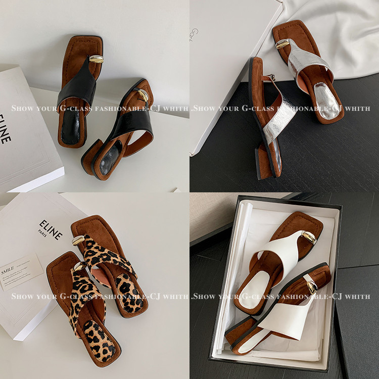 Dép xỏ ngón nữ họa tiết da báo retro khóa kim loại đế bệt — màu be, in da báo, đen, bạc chi tiết 10