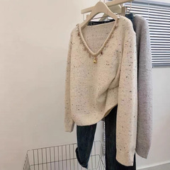 杏色v领复古套头宽松软糯毛衣外穿慵懒风高级感女加厚针织衫上衣