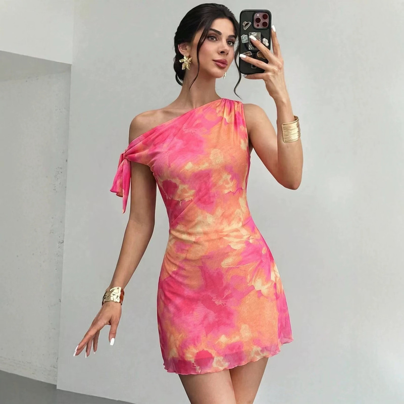 European and American Cross-Border Amazon Independent Site 2026 New Floral Mesh Print Irregular One-Shoulder Dress for Women