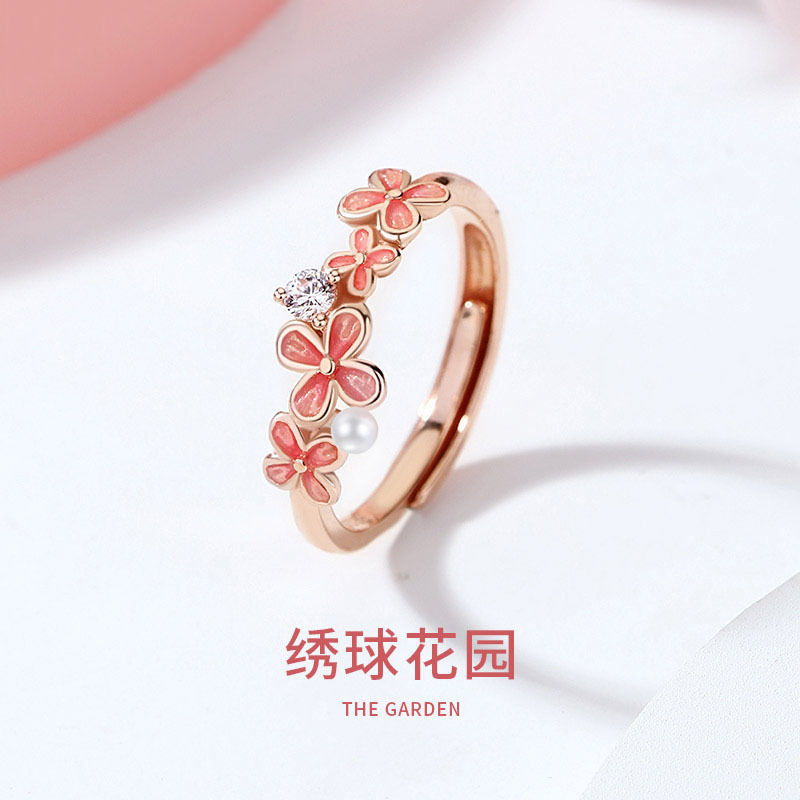 Diamond Flower Ring Women's Fresh and Sweet Imitation Pearl Finger Ring Fashion Artistic Glue Dropping Enamel Color Opening Ring