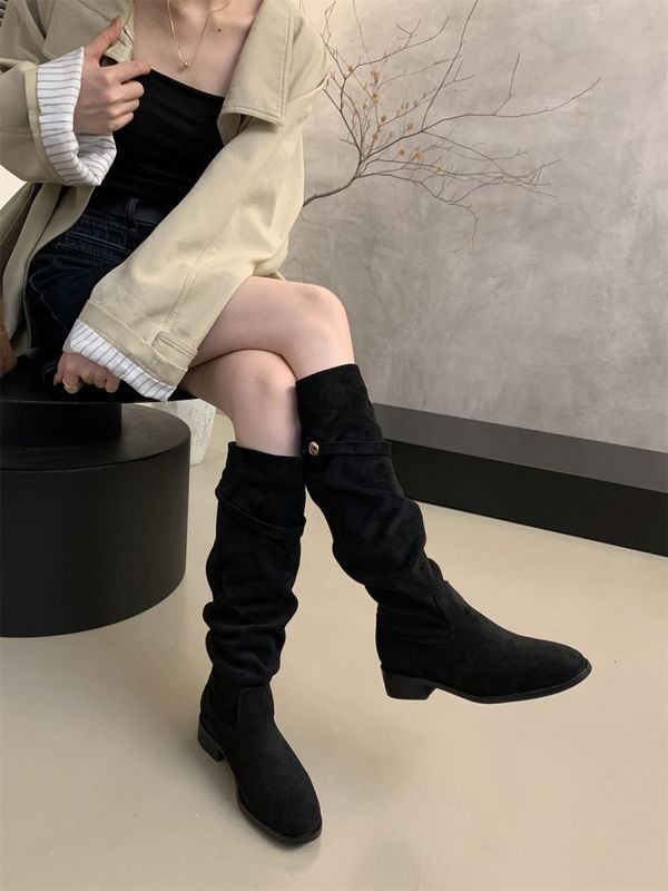绒面瘦瘦靴卡其色堆堆骑士靴女2025新款秋冬季显瘦高筒粗跟长靴子|undefined